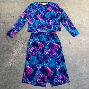 Vintage Spenser Jeremy Blue Silk Floral Two-Piece Blazer Skirt Set Size 12